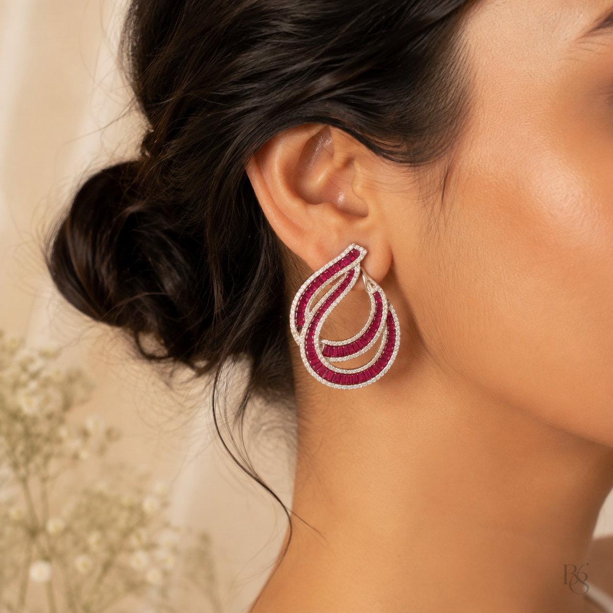 Indian model wearing Ruby Red Aurora Baguette Teardrop Earrings