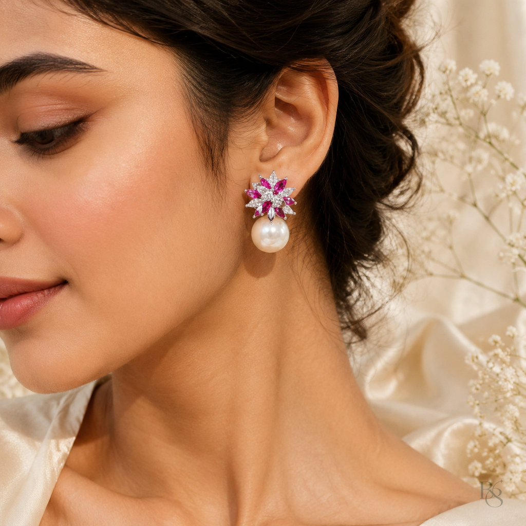 Model wearing Bloom Pearl Drop Earrings