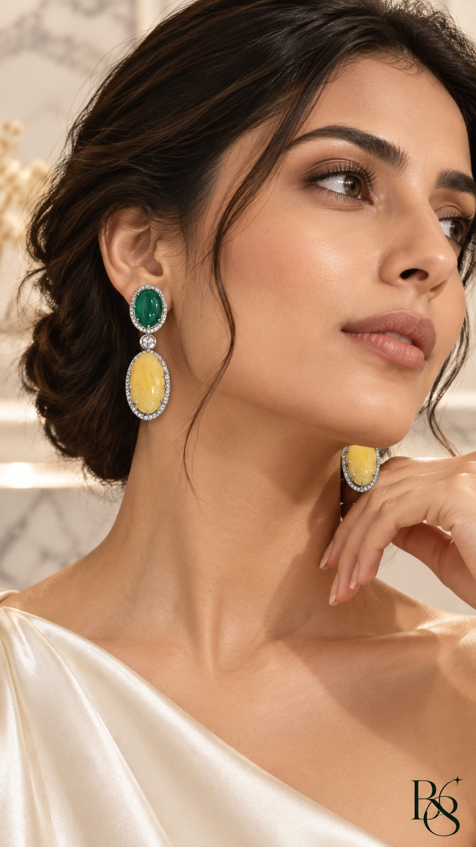 Model wearing Emerald Yellow Crystal Drop Earrings by Bright & Beryl