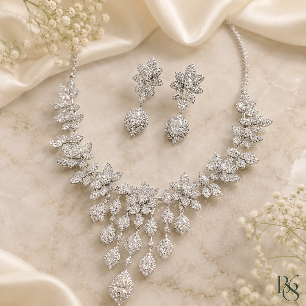 Silver floral chandelier necklace set by Bright & Beryl