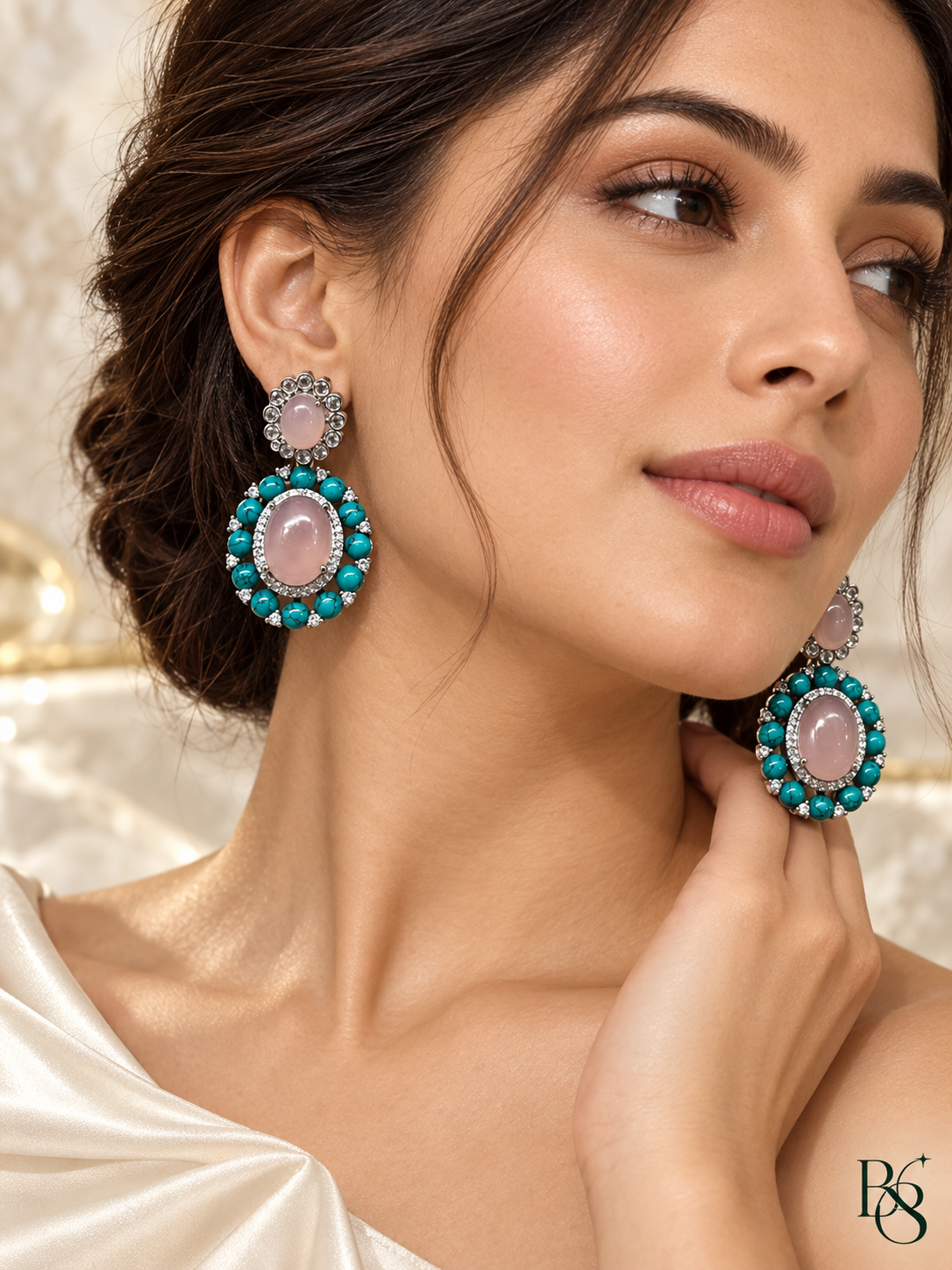 Model wearing Turquoise Rose Halo Statement Earrings by Bright & Beryl