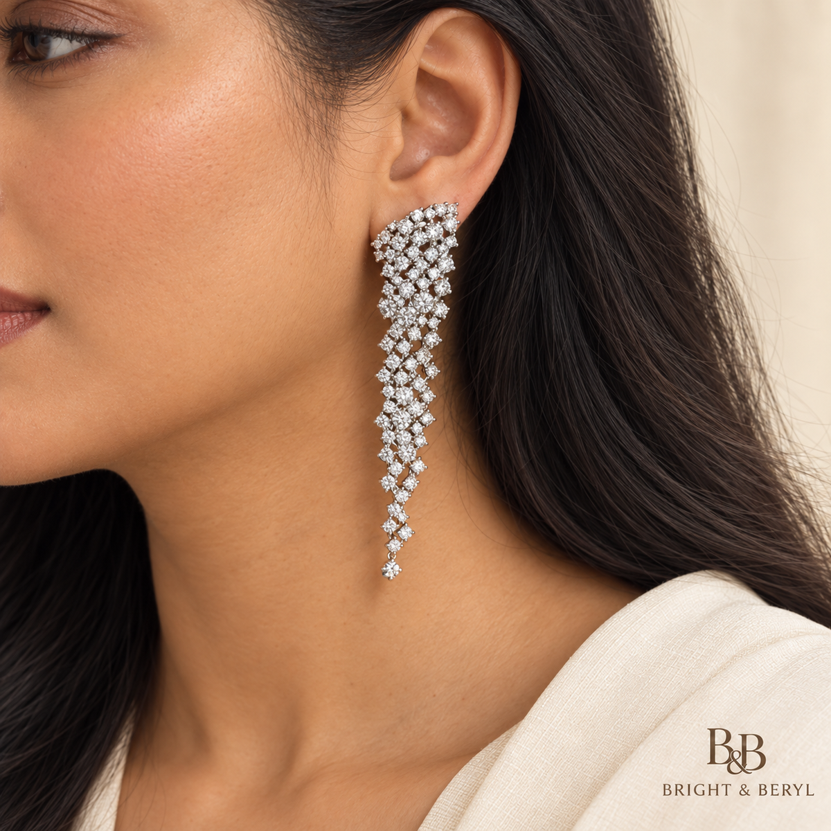 Model wearing Crystal Cascade Long Statement Earrings