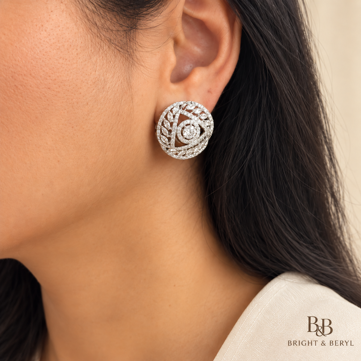 Model wearing Crystal Laurel Swirl Stud Earrings