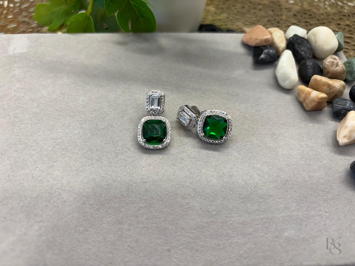 Cushion Halo Drop Earrings - Emerald Green