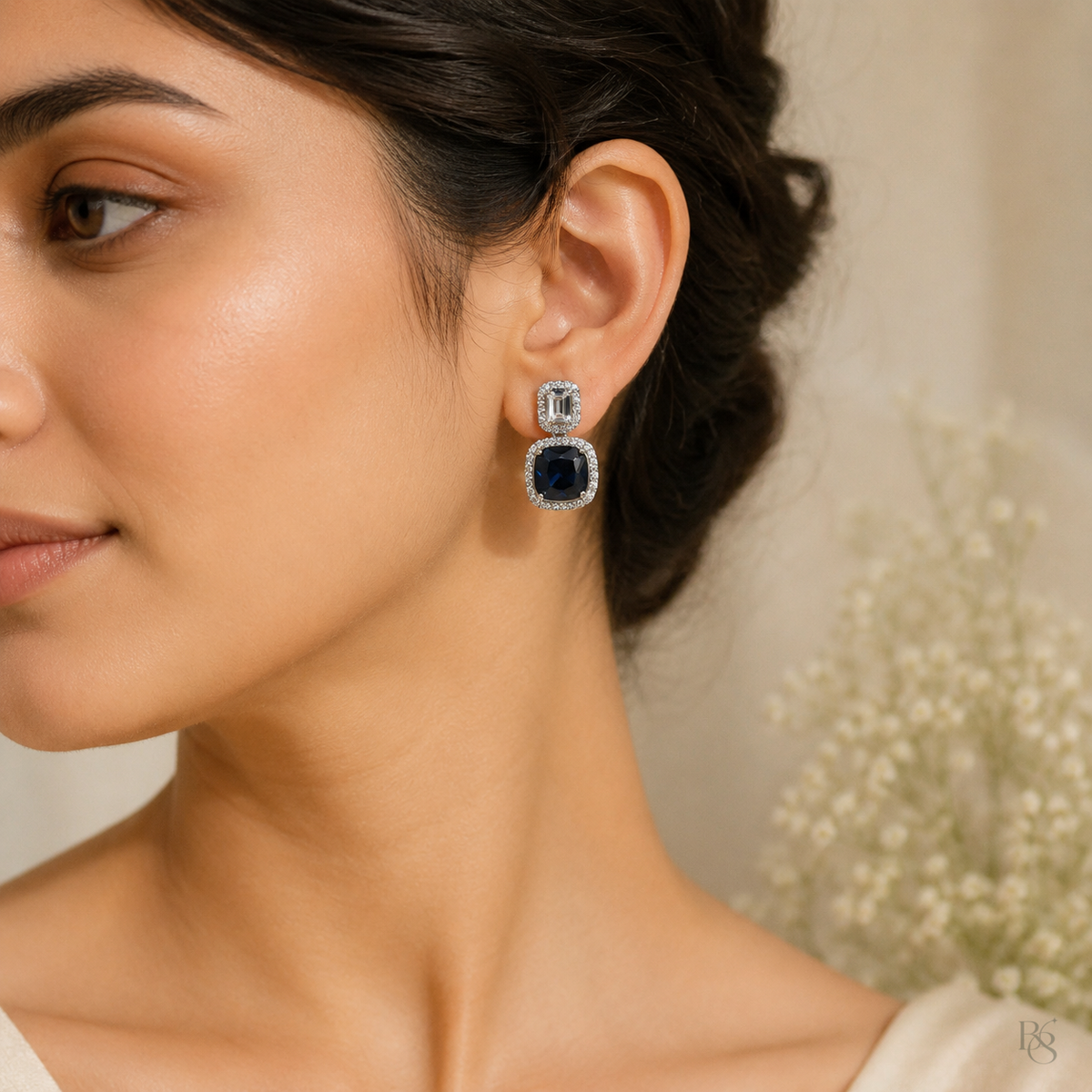 Cushion Halo Drop Earrings on model - Sapphire Blue