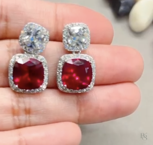 Cushion Halo Drop Earrings - Ruby Red