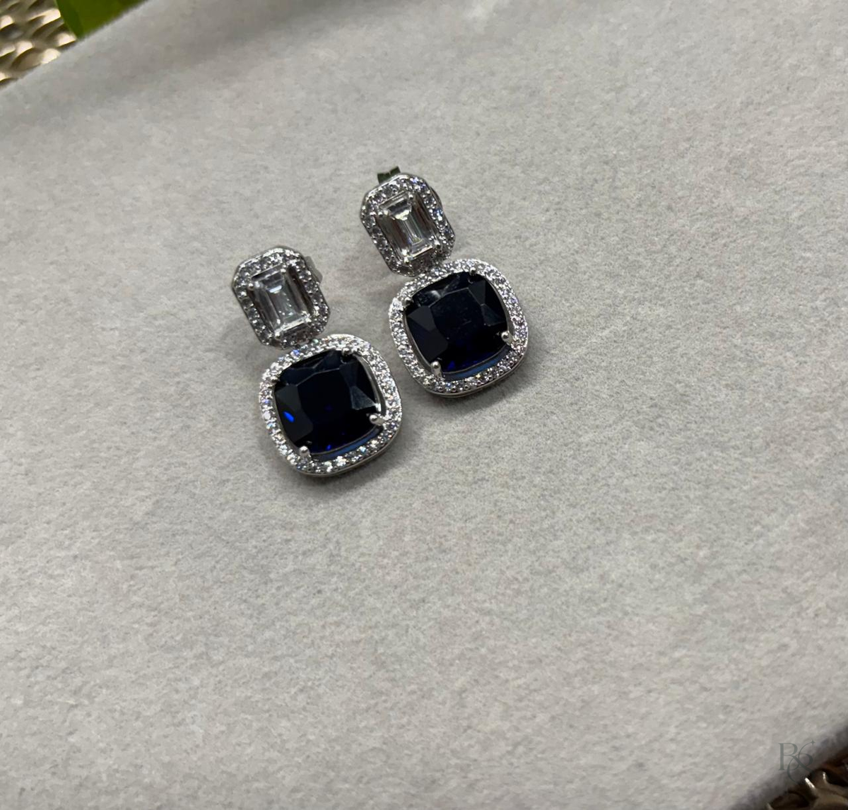 Cushion Halo Drop Earrings - Sapphire Blue