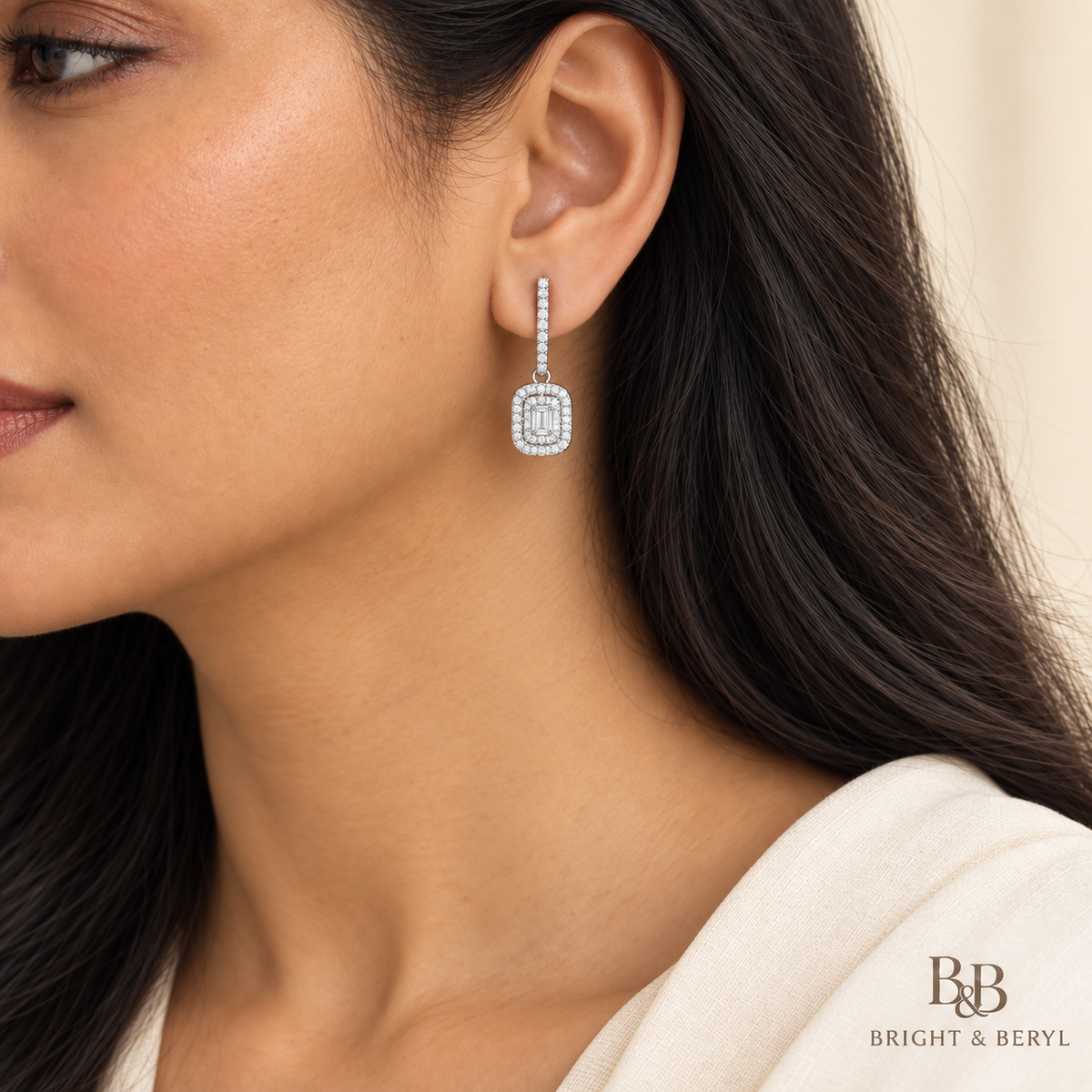 Model wearing Emerald Cut Pavé Bar Drop Earrings