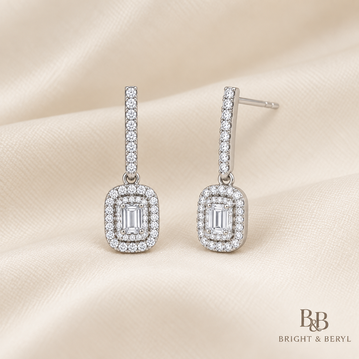 Emerald Cut Pavé Bar Drop Earrings pair
