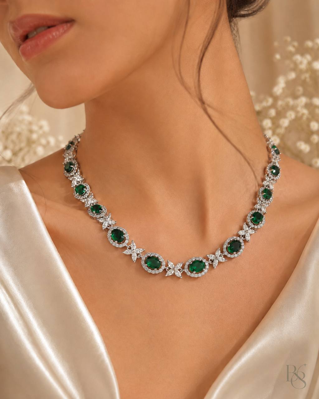 Emerald Floral Halo Necklace worn by model
