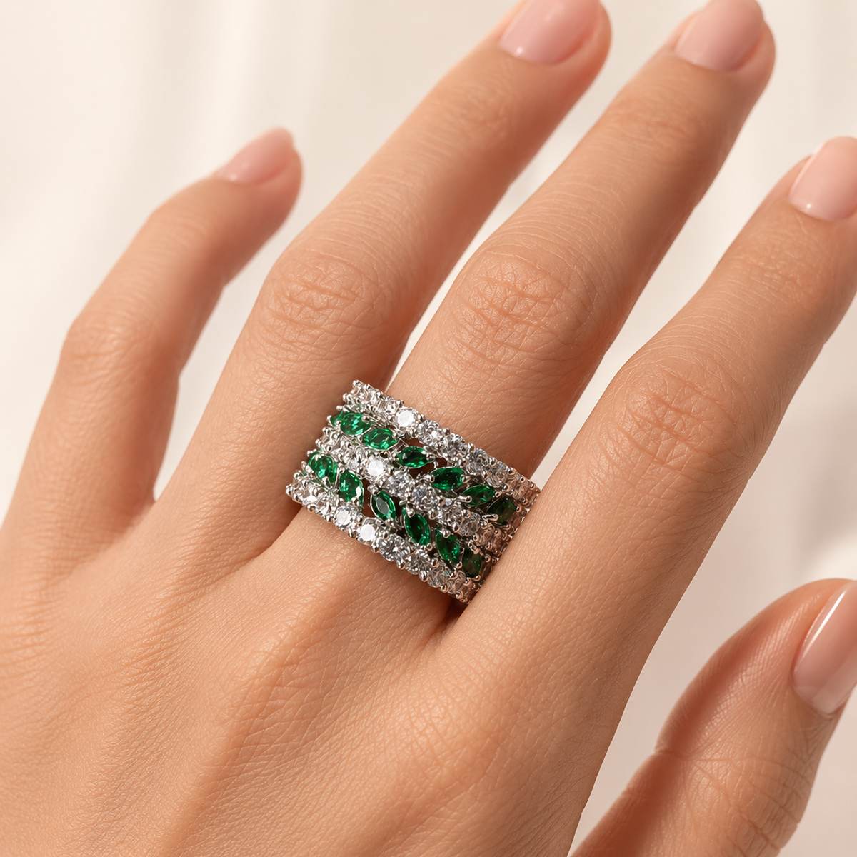 Model wearing Emerald Leaf Luxe Ring