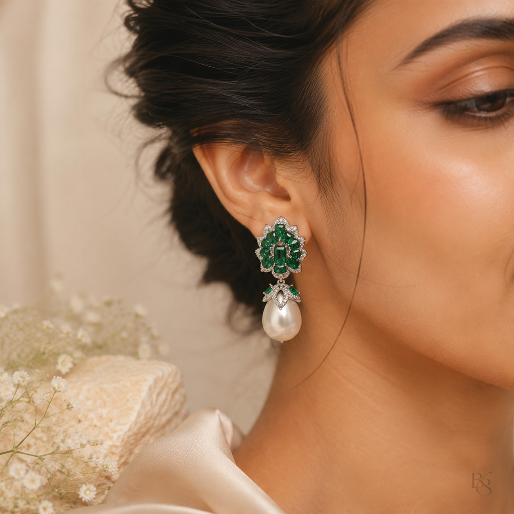 Model wearing Emerald Lotus Pearl Drop Earrings