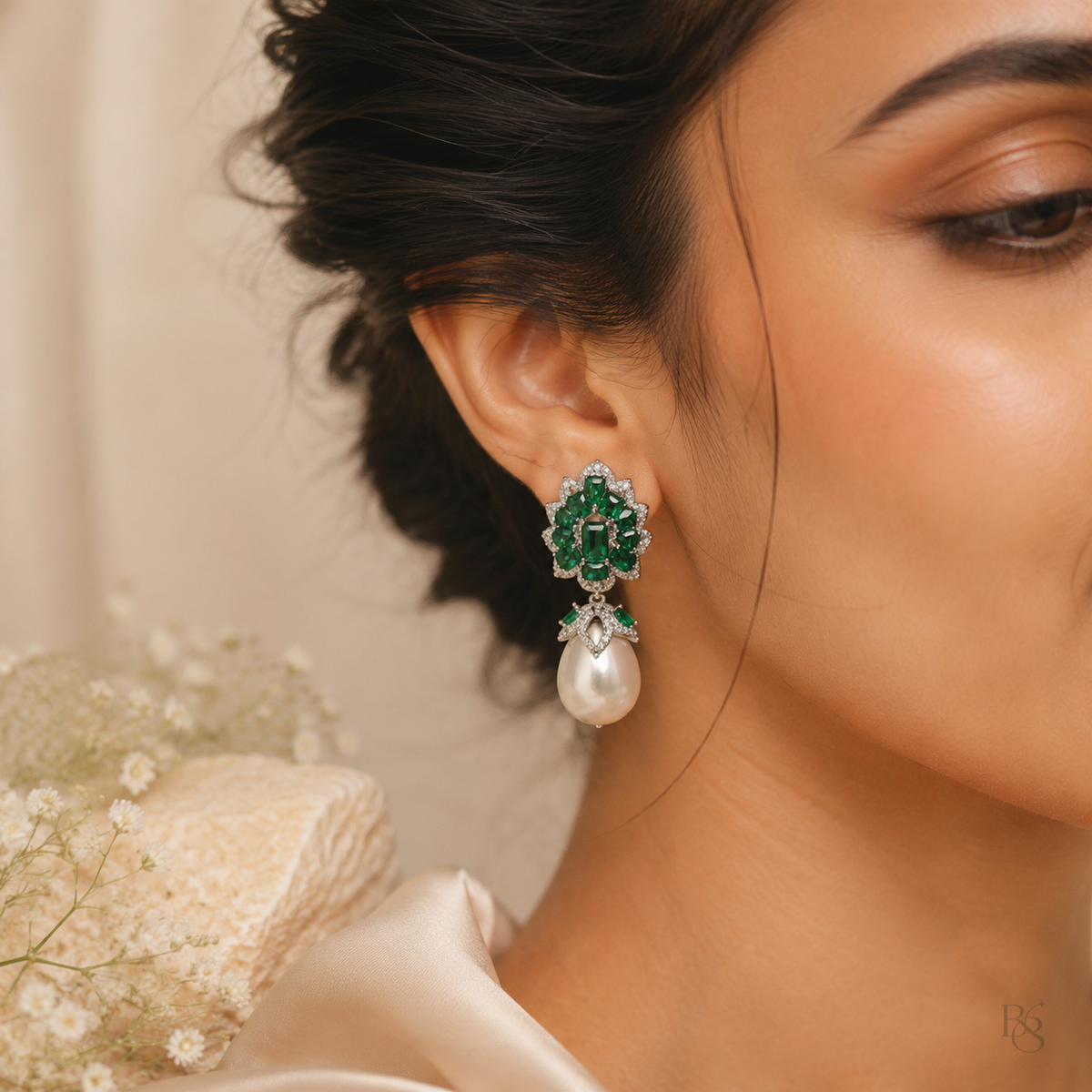 Model wearing Emerald Lotus Pearl Drop Earrings