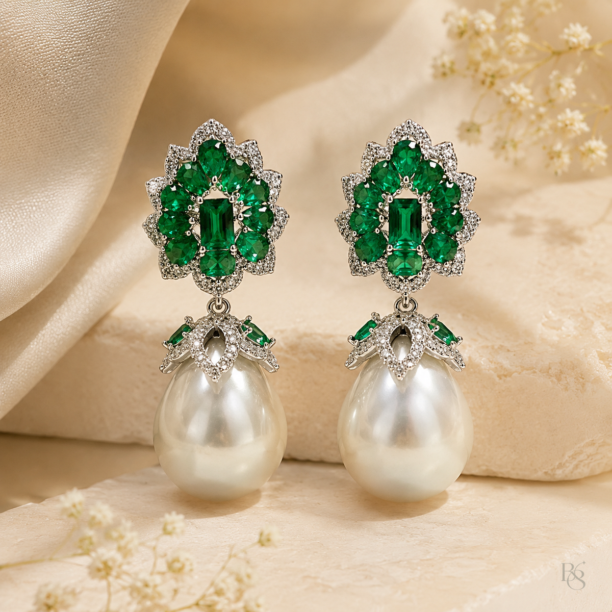 Emerald Lotus Pearl Drop Earrings product image