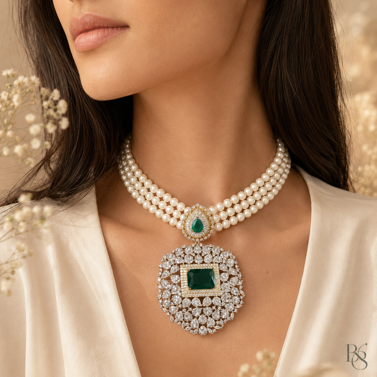 Emerald Pearl Statement Necklace worn by model
