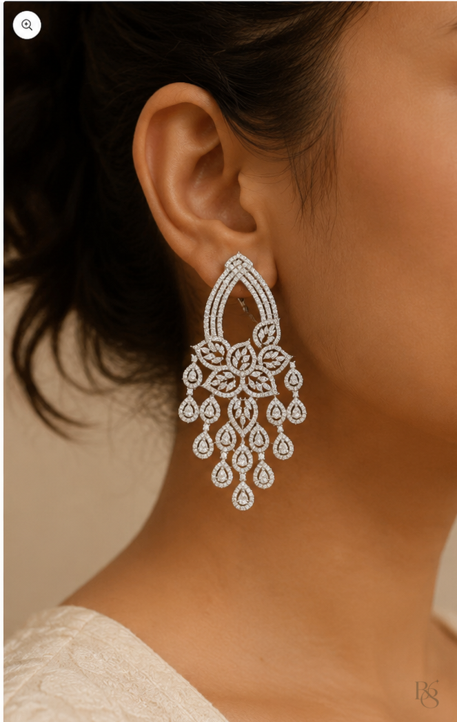 Indian model wearing Floral Chandelier Earrings from the opposite side