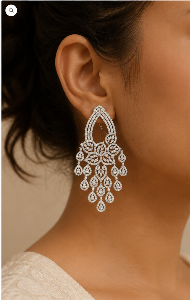 Indian model wearing Floral Chandelier Earrings from the opposite side