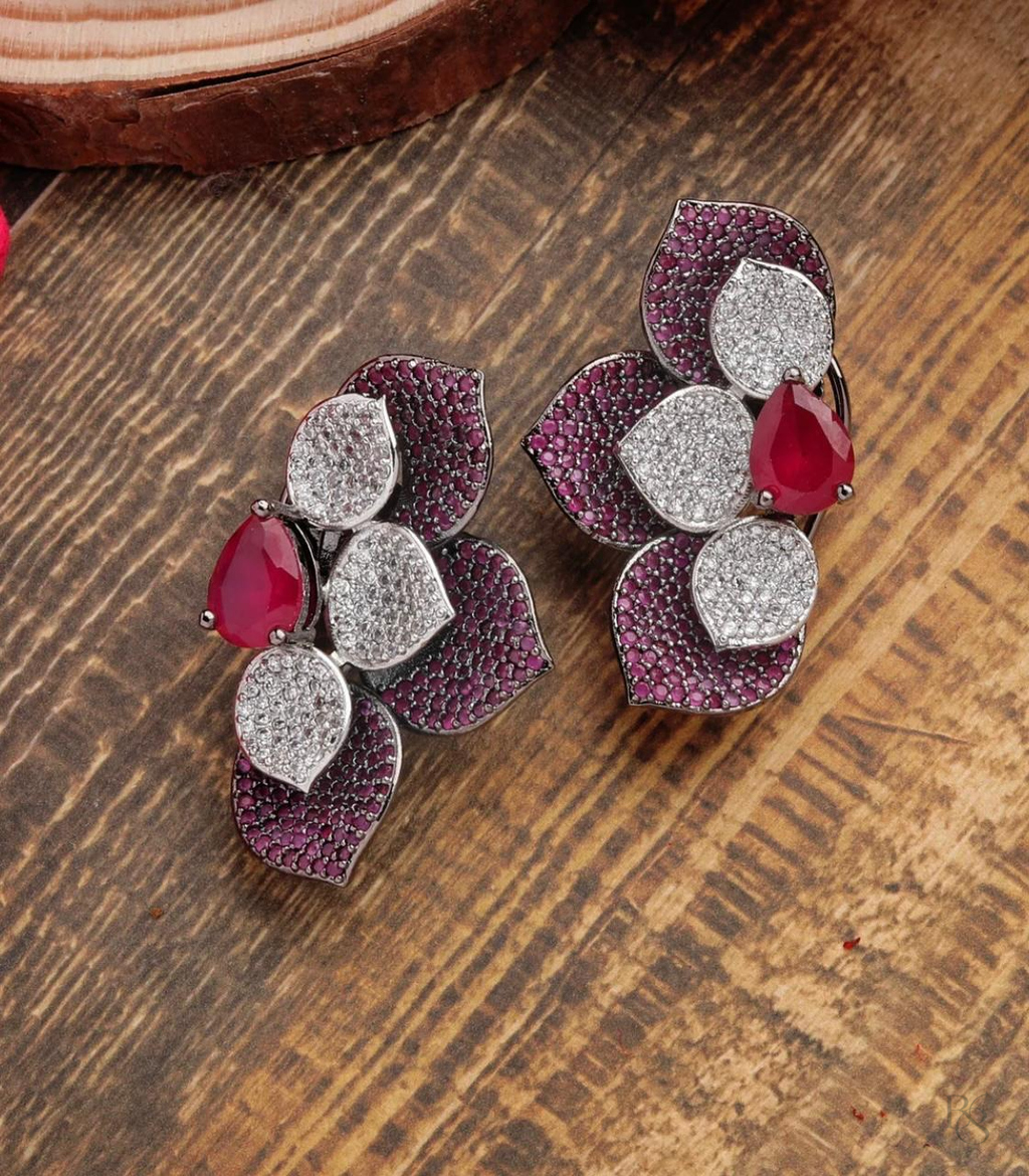 Luxe Petal Cluster Statement Earrings - Ruby Red
