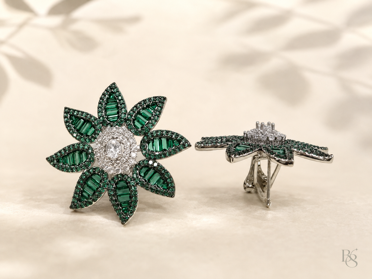 Midnight Bloom Floral Earrings - Emerald Green
