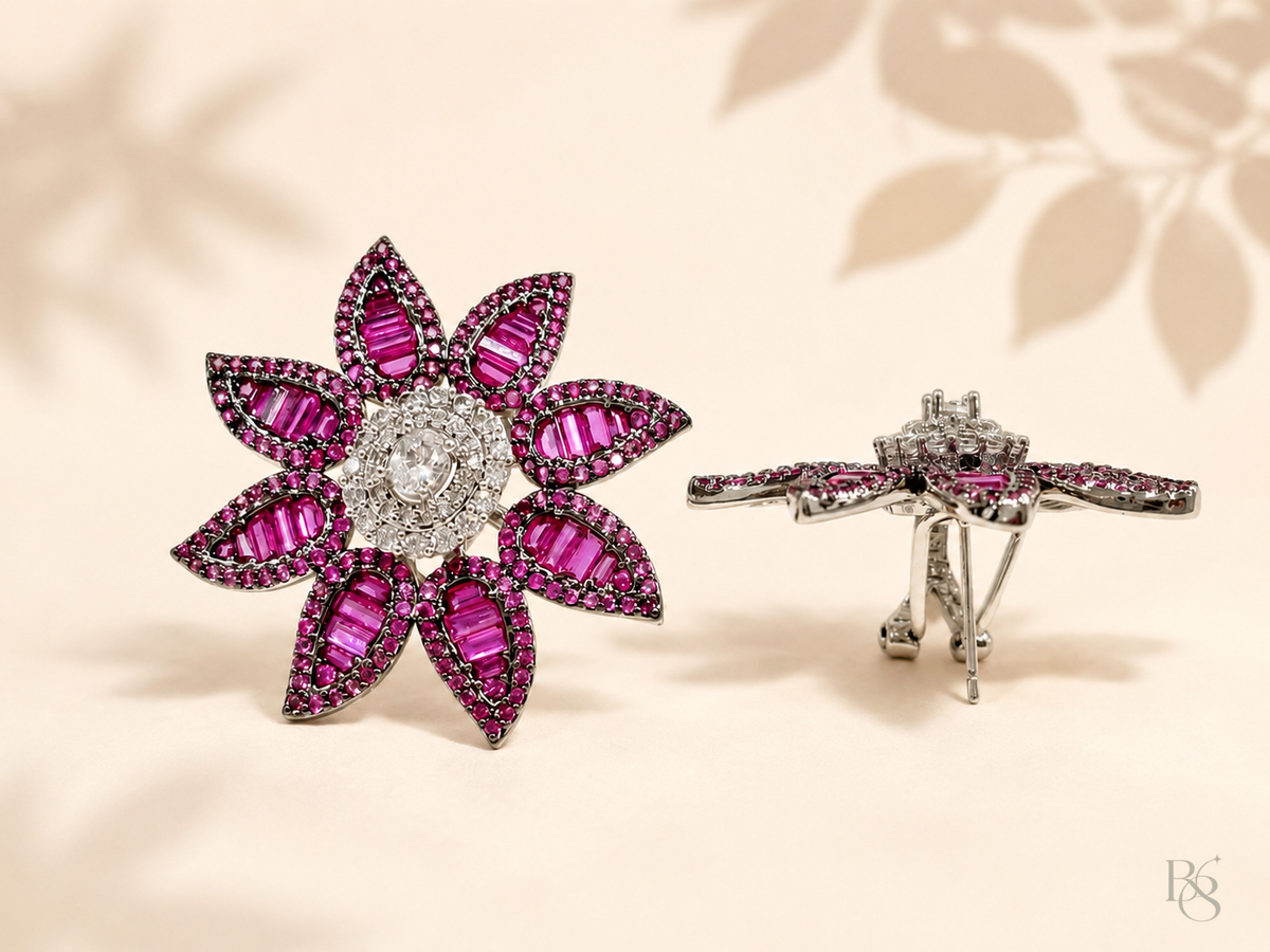 Midnight Bloom Floral Earrings - Ruby Pink product view