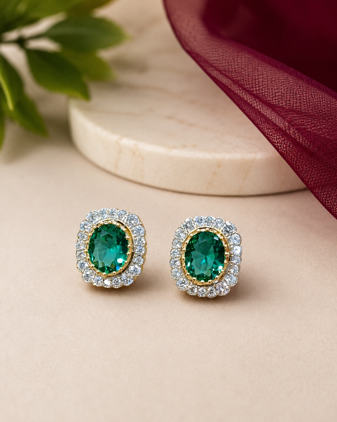 Regal Oval Halo Stud Earrings in Emerald Green