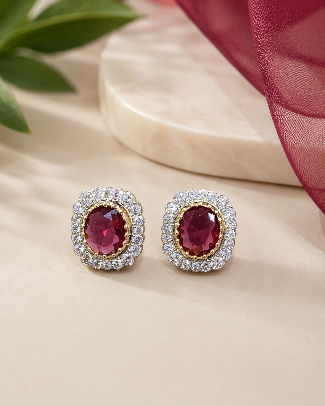 Regal Oval Halo Stud Earrings in Ruby Red