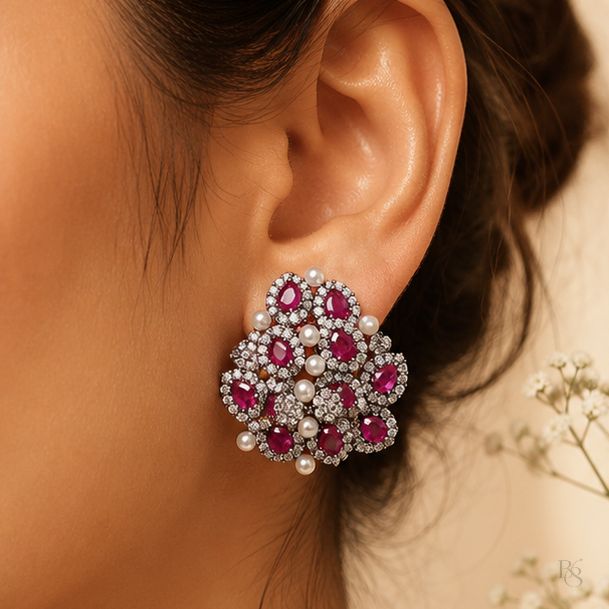 Model wearing Pearl Cluster Statement Earrings