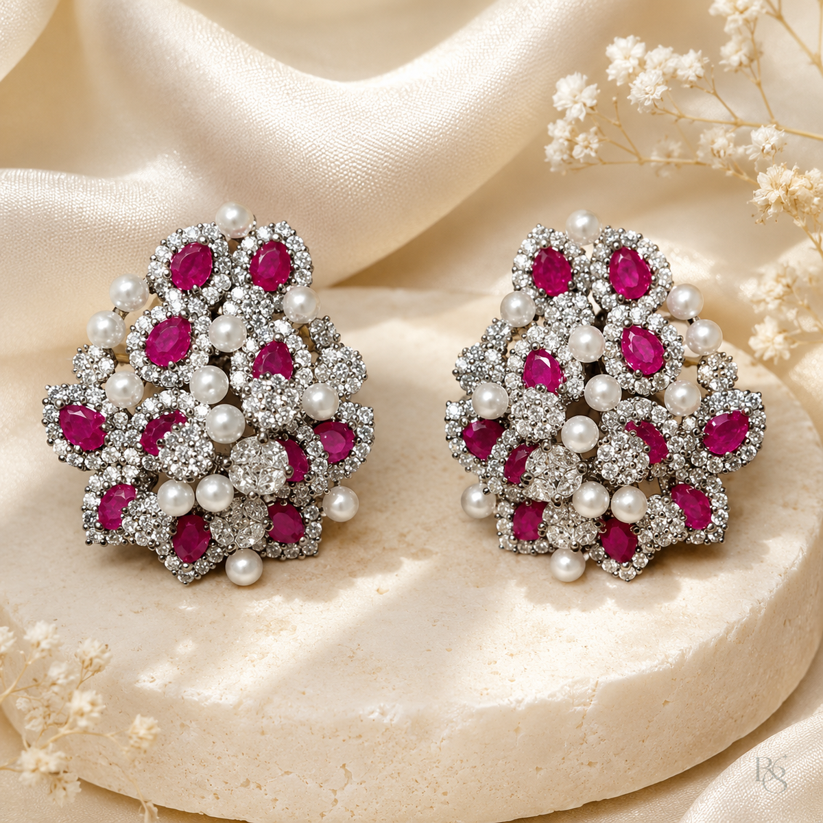 Ruby Pink Pearl Cluster Statement Earrings
