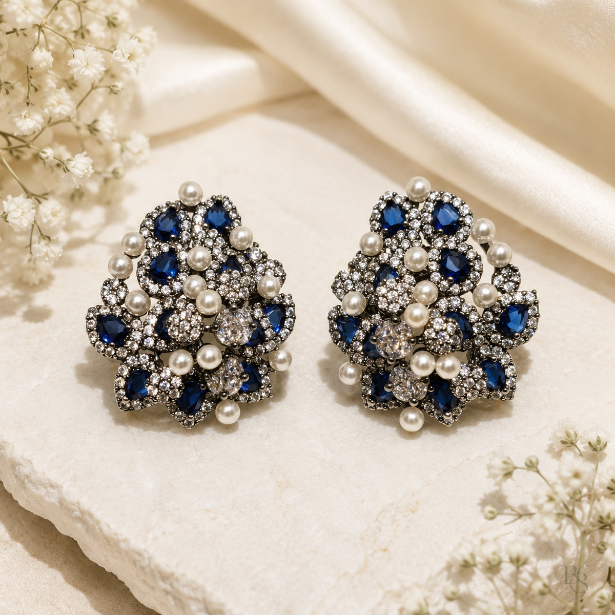 Sapphire Blue Pearl Cluster Statement Earrings