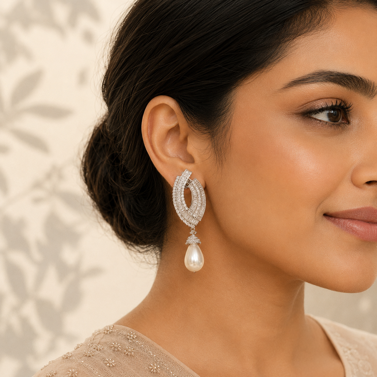 Model wearing Pearl Drop Statement Earrings