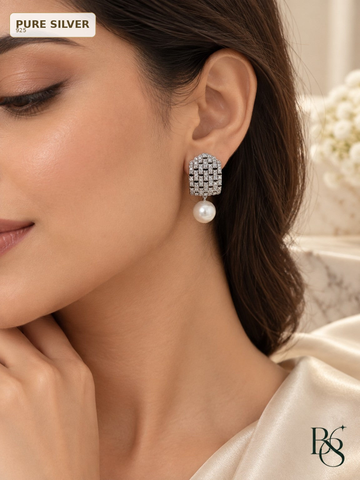 Pure Silver Pearl Crystal Earrings with Pure Silver badge