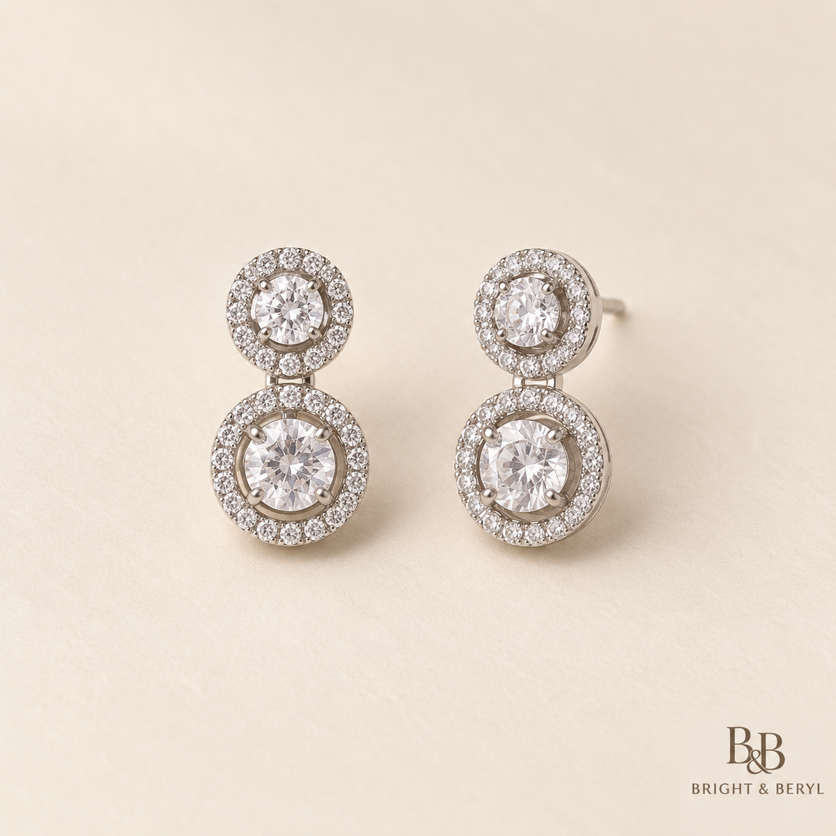 Round Double Halo Drop Earrings pair