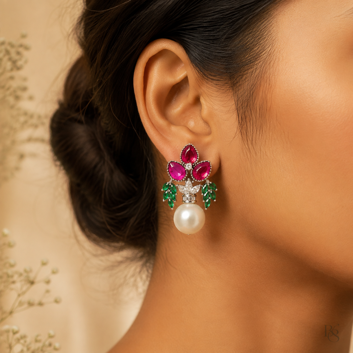 Indian model wearing Ruby Blossom Emerald Leaf Pearl Earrings