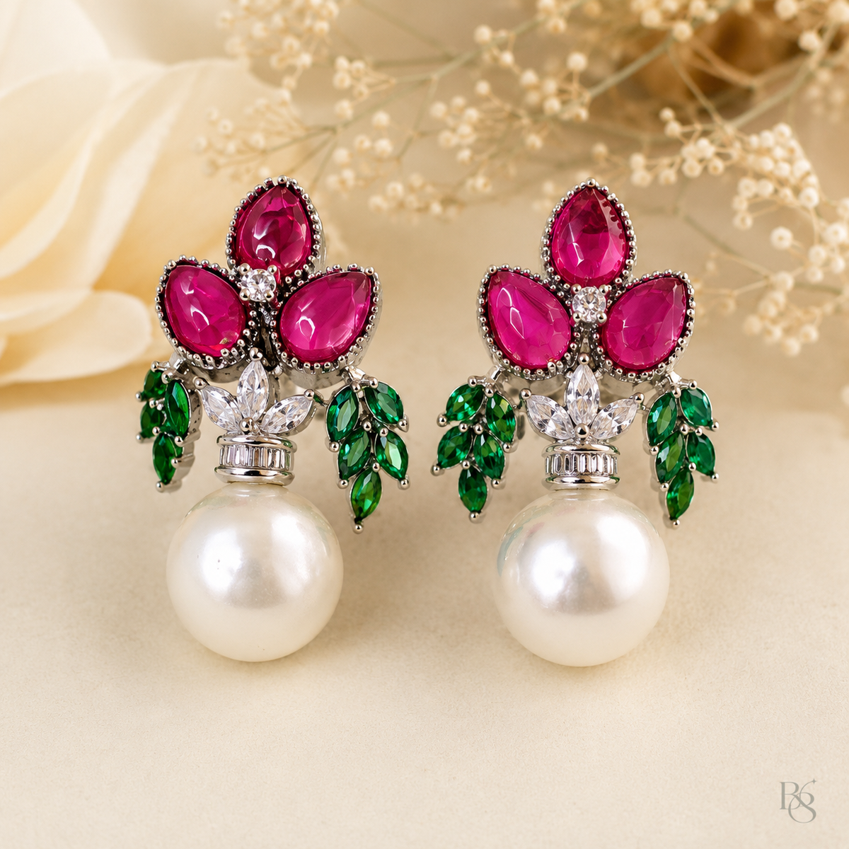 Ruby Blossom Emerald Leaf Pearl Earrings product image