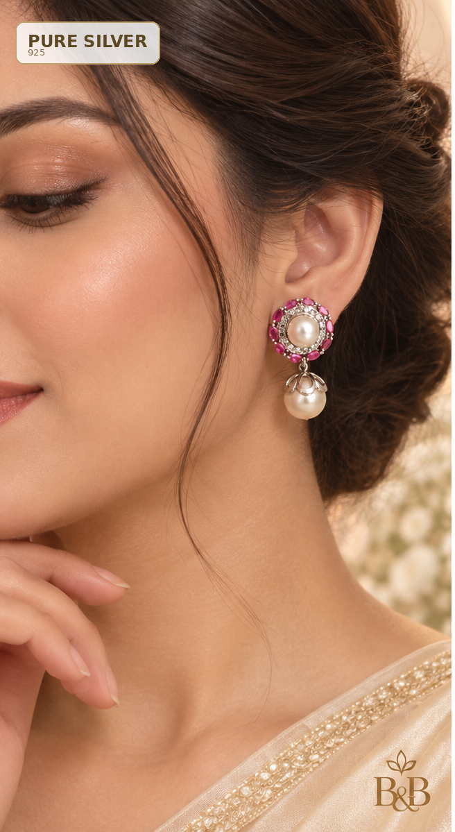 Ruby Pearl Halo Earrings with Pure Silver badge