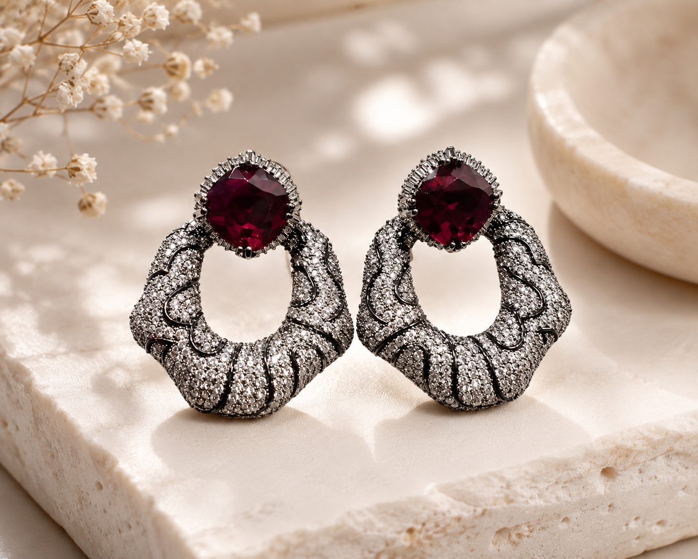 Ruby red statement earrings with silver-toned crystal setting