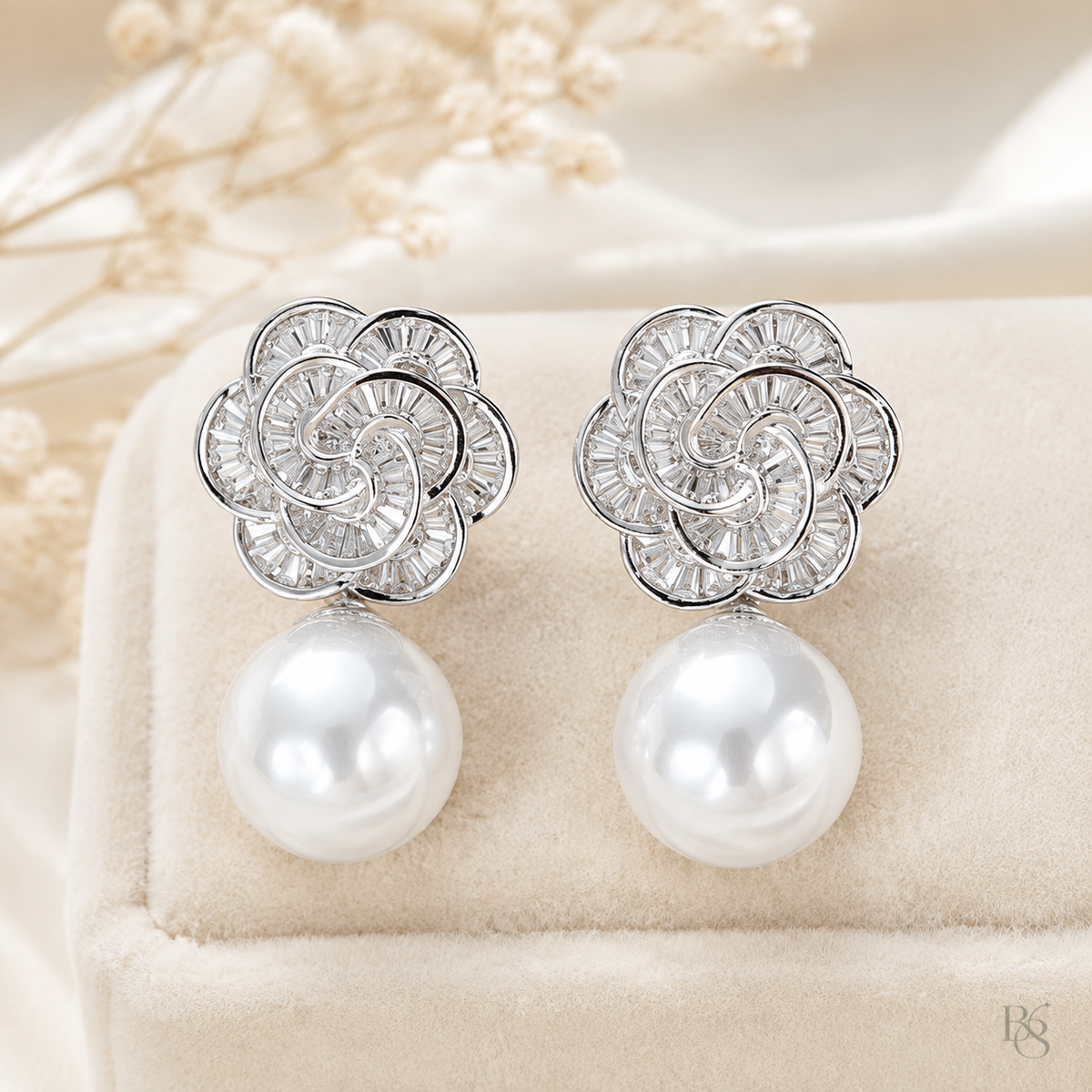 Silver Rosette Pearl Drop Earrings product image