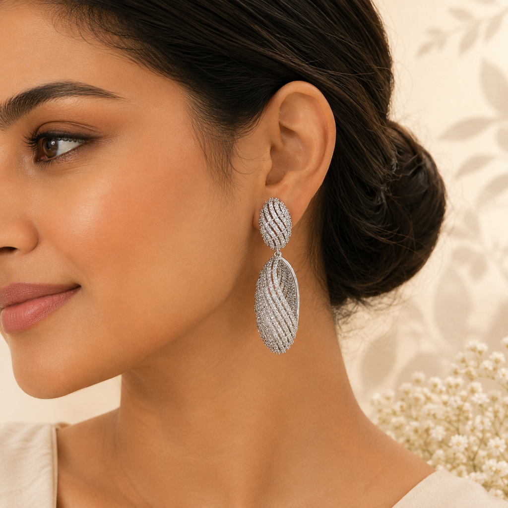 Indian model wearing Sculpted Crystal Drop Earrings