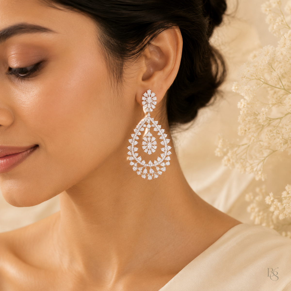 Model wearing Teardrop Chandelier Earrings in Bright & Beryl style