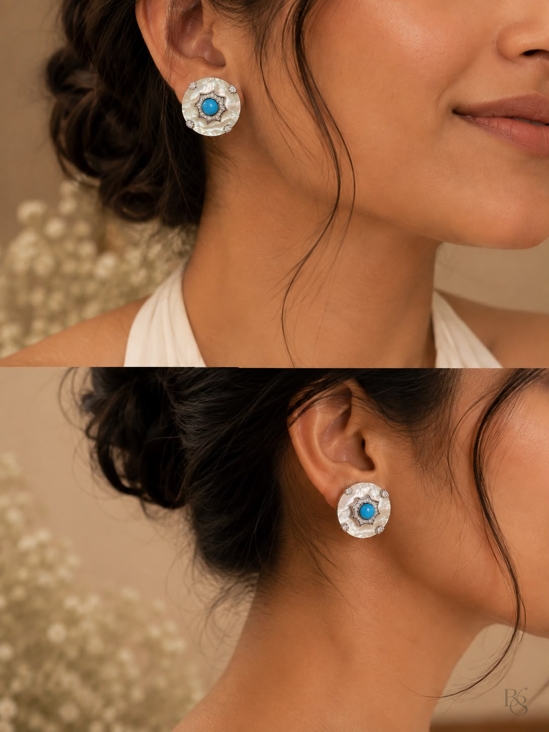Model wearing turquoise mother-of-pearl halo stud earrings
