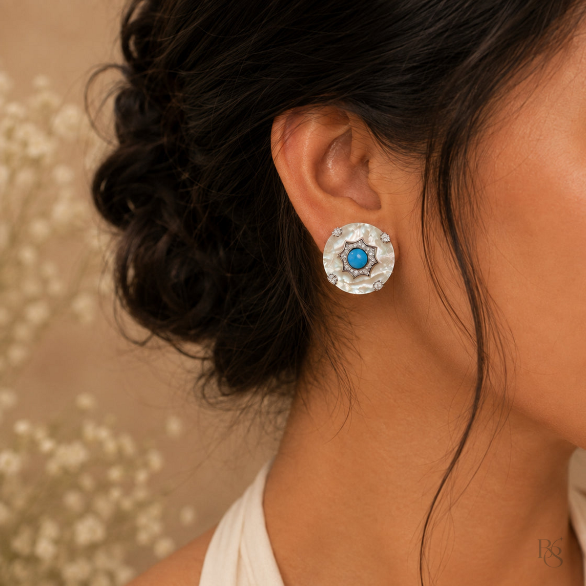Indian model wearing Turquoise Mother-of-Pearl Halo Stud Earring