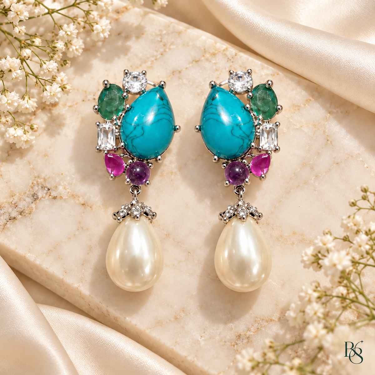 Turquoise Pearl Statement Earrings corrected left and right pair by Bright & Beryl